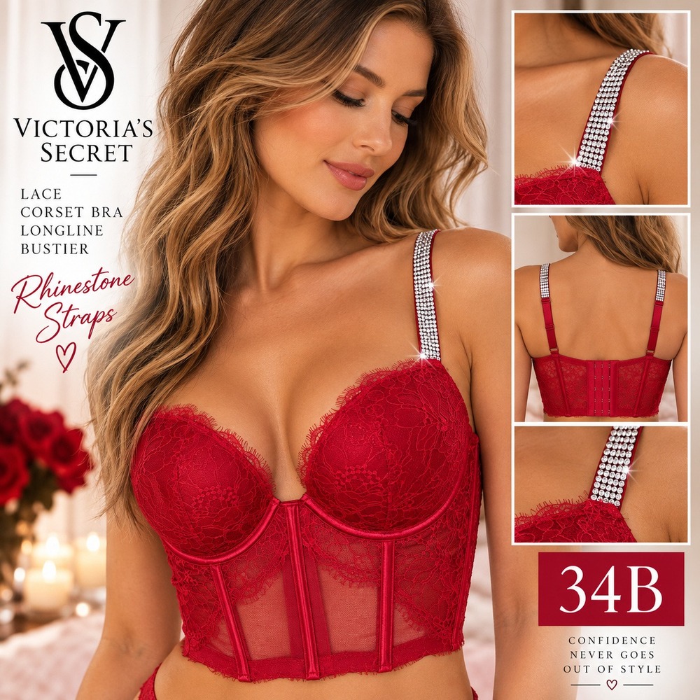 Victoria's Secret Rhinestone Lace Corset Bra 34B Red Longline Bustier Lingerie